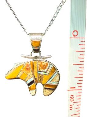 Sterling Silver Bear Pendant Necklace with Yellow Inlay